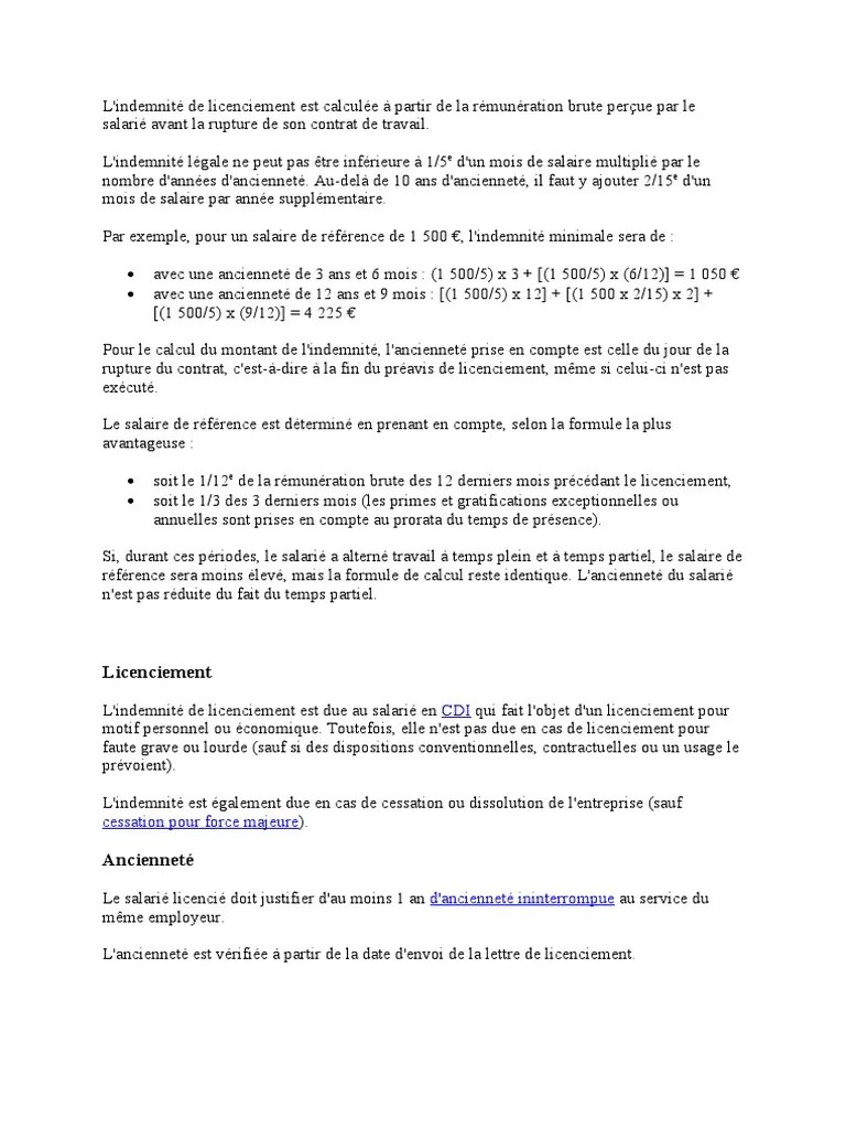 Différé spécifique = indemnités supra légales liées à la rupture du contrat de travail ÷ 95,8. Calcul Des Droits De Licenciement Economique Pdf Programmes Sociaux Business