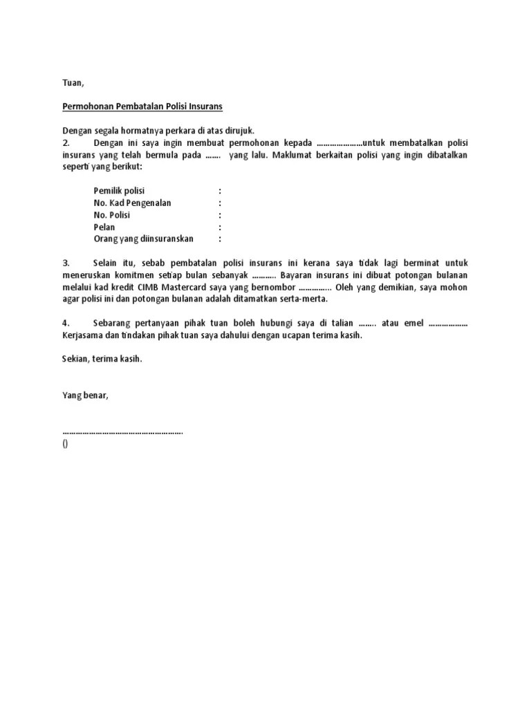 Surat rasmi pembatalan insurans rasmi h. Surat Pembatalan Polisi Insurans Pdf