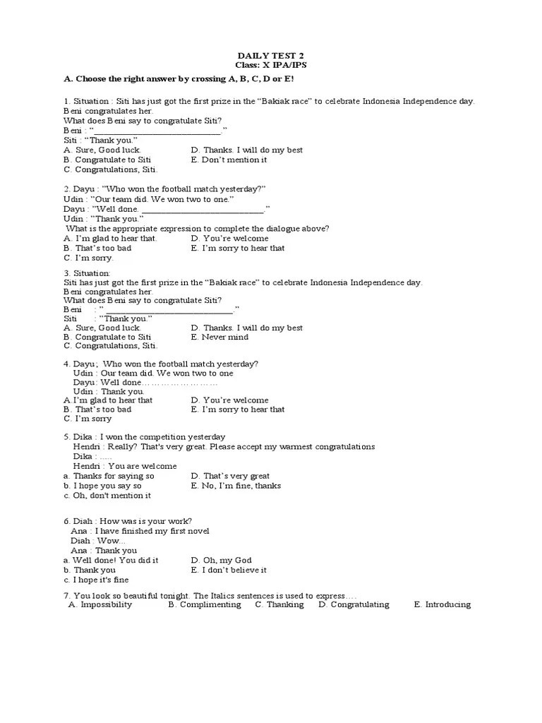 Do you think so, udin? Daily Test 2 Kelas X Congratulating Pdf