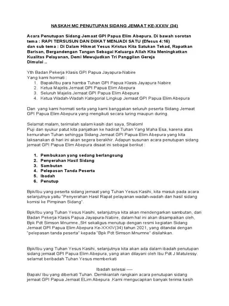 Naskah MC Penutupan Sidang Jemaat Ke | PDF