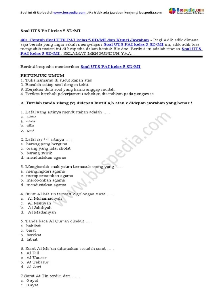 40+ Contoh Soal UTS PAI Kelas 5 SD MI Dan Kunci Jawaban | PDF