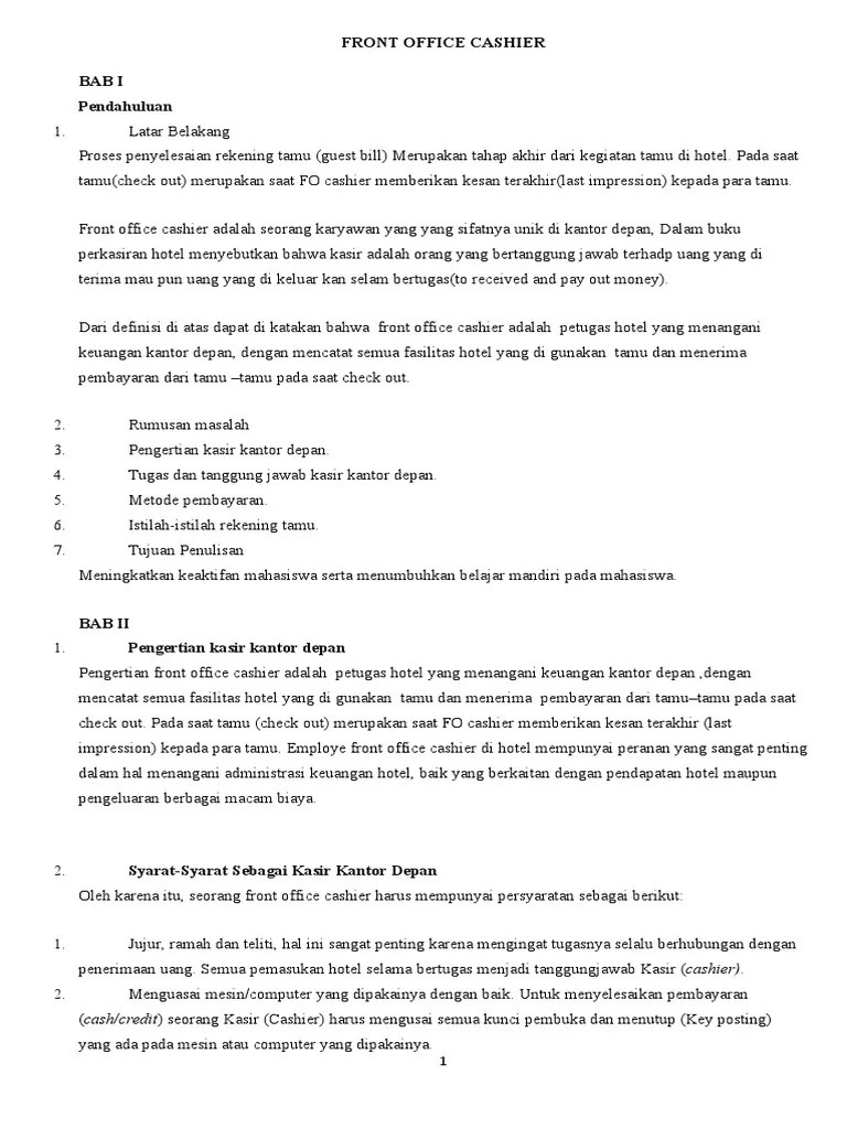 Assistan front office manager bertanggung jawab kepada front office manager. Front Office Cashier Pdf