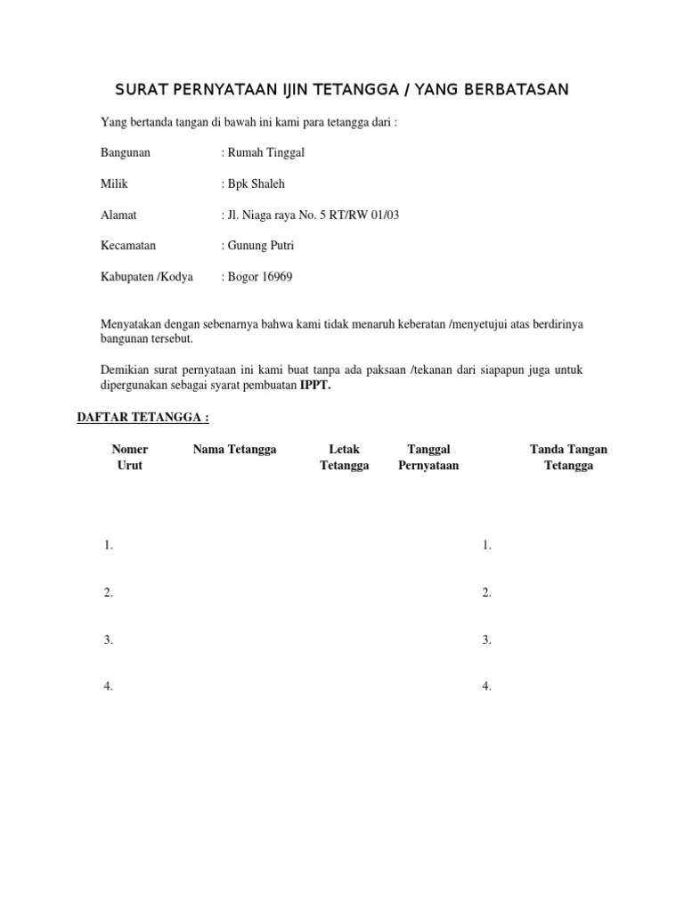 Ktp tetangga (format sosialisasi dengan warga / tetangga di copy dari. Surat Pernyataan Ijin Tetangga Pdf