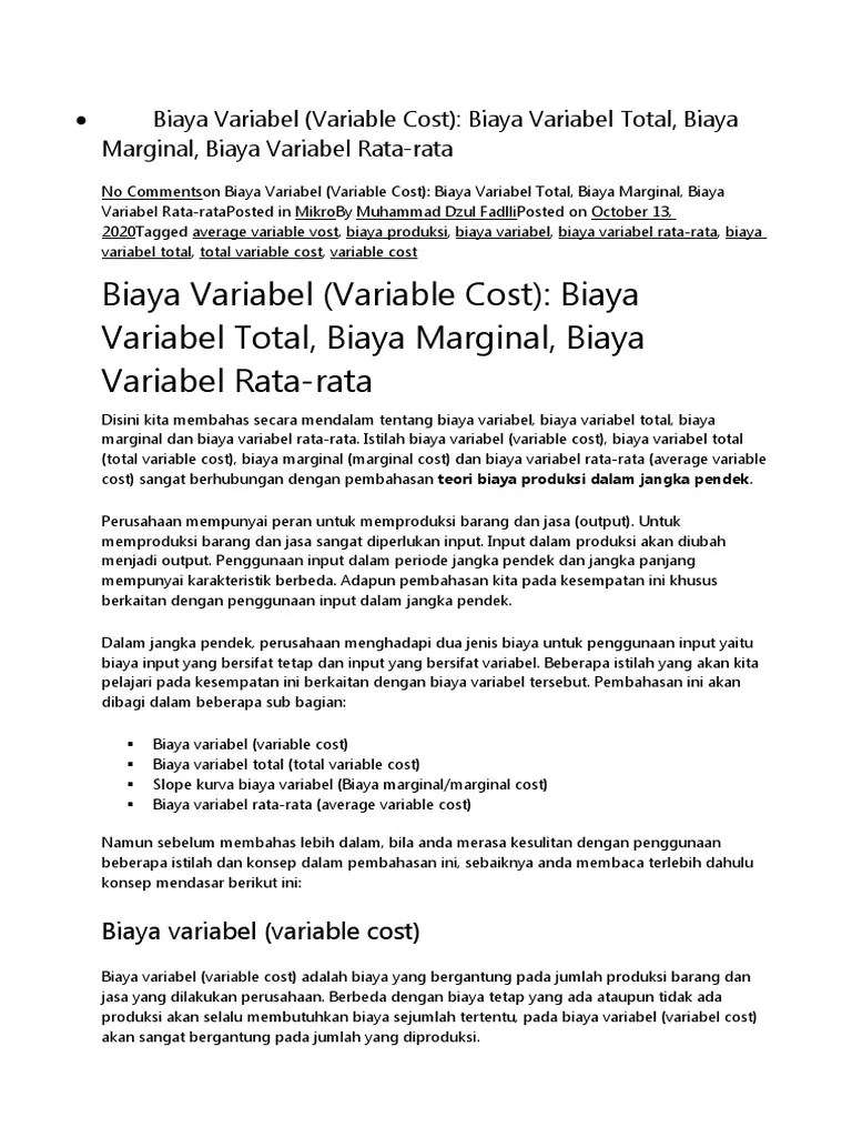 Sedangkan biaya variabel bervariasi tergantung jumlah output yang. Biaya Variabel Pdf