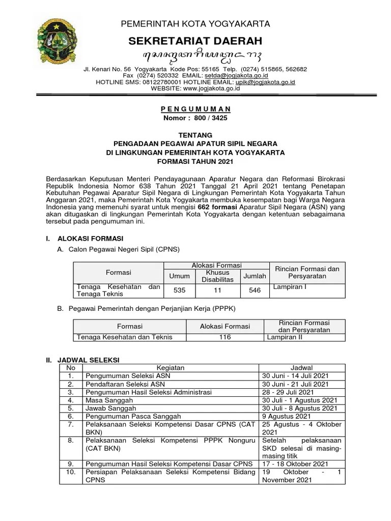 Pemerintah kota yogyakarta membuka 930 formasi penerimaan calon pegawai negeri sipil (cpns) dan pegawai pemerintah dengan perjanjian kerja . Pengumuman Pendaftaran Cpns Dan Pppk Non Guru Revisi 5689 1 Pdf