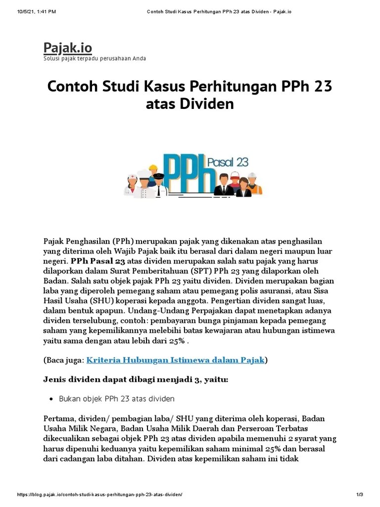 Contoh Studi Kasus Perhitungan PPH 23 Atas Dividen - Pajak - Io | PDF