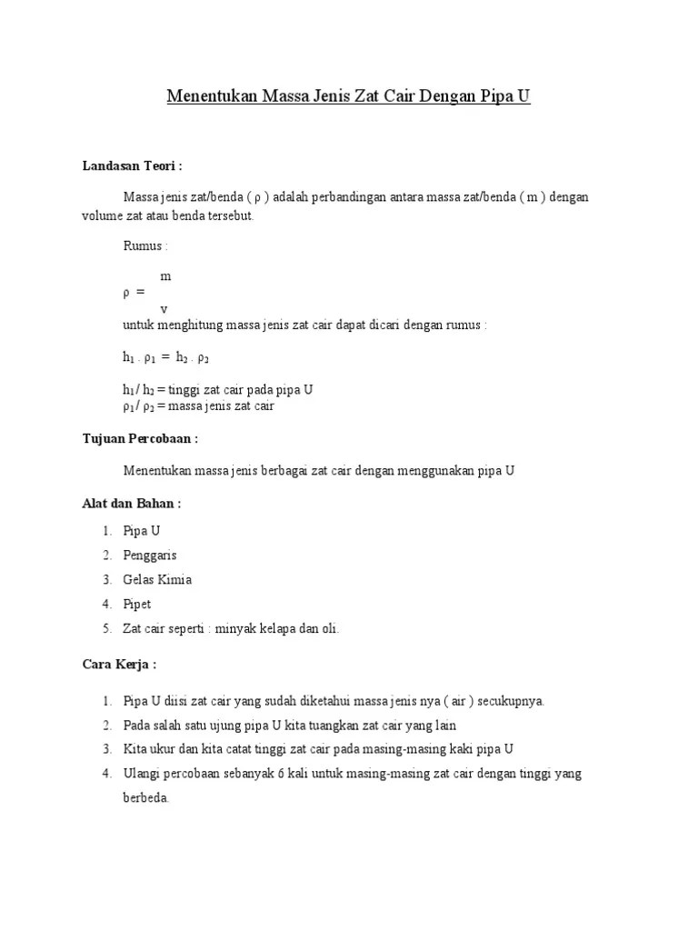 Menentukan Massa Jenis Zat Cair Dengan Pipa U