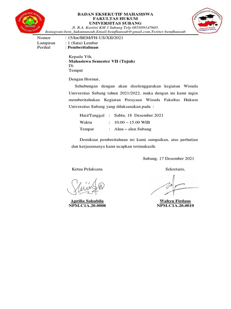 Surat Pemberitahuan Wisuda Semester 7 | PDF