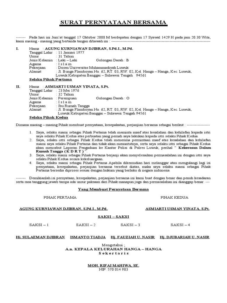 6.bahwa sebelum dan sesudah perkawinan, antara penggugat dengan tergugat tiak ada perjanjian pembagian harta bersama;. Contoh Surat Perjanjian Damai - Aneka Contoh