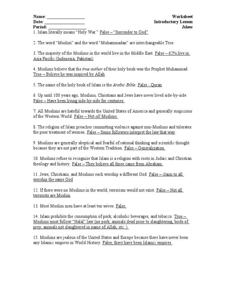 islam worksheet answers