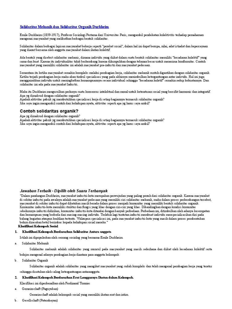 Solidaritas Mekanik Dan Solidaritas Organik Durkheim | PDF