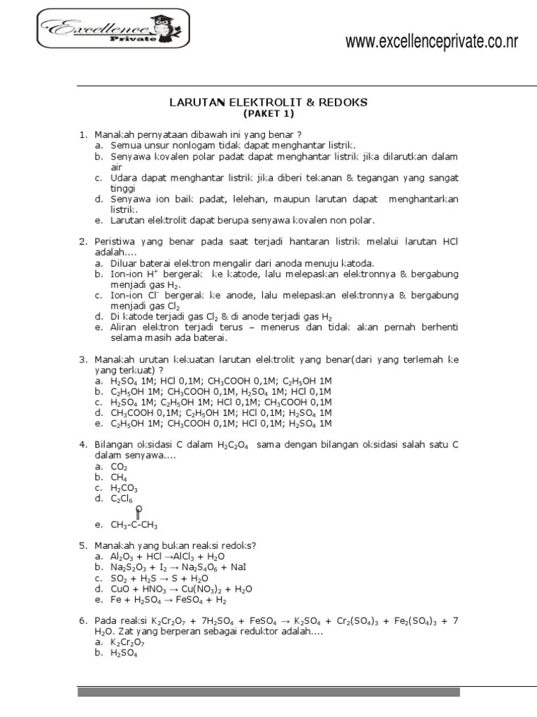 Latihan Soal Larutan Elektrolit Dan Redoks Paket1 | PDF