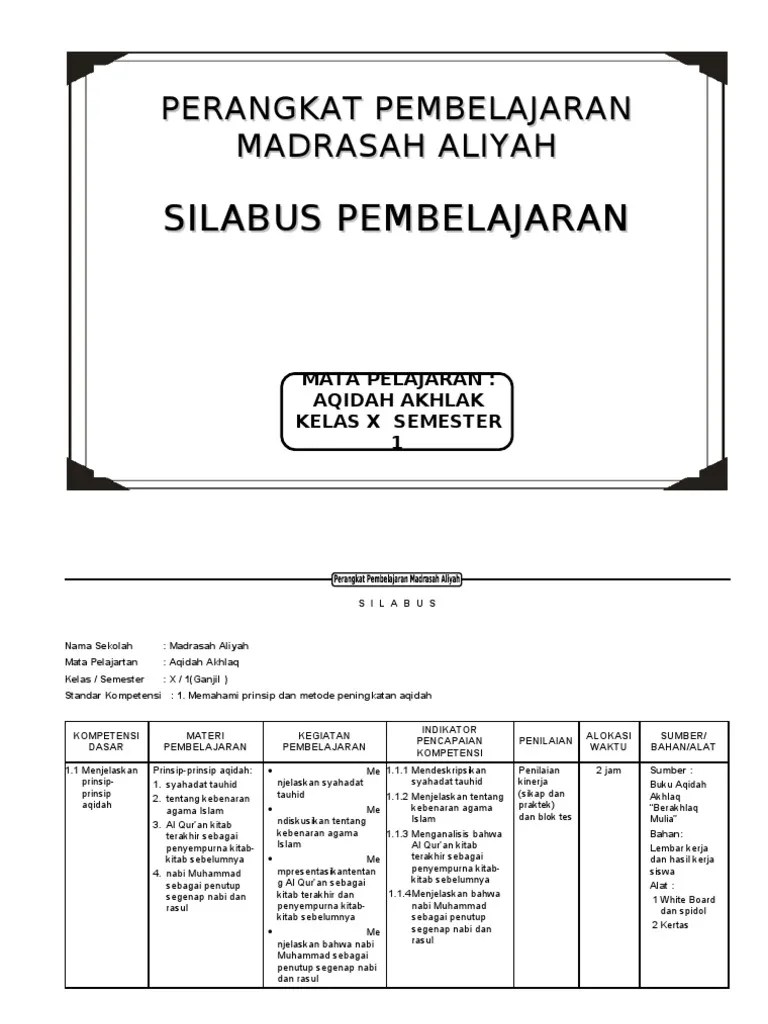 Silabus Aqidah Akhlak Ma Kelas X 1 2 | PDF