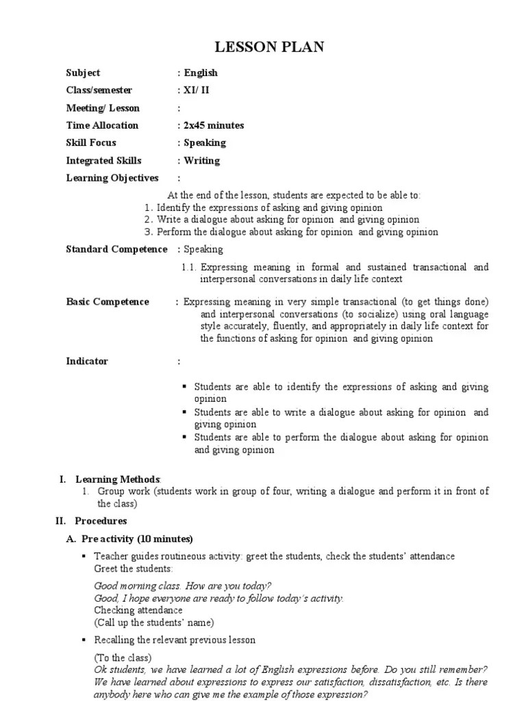 LESSON PLAN 6 - Expressions of Asking and Giving Opinion | PDF | Lesson  Plan | Rubric (Academic)