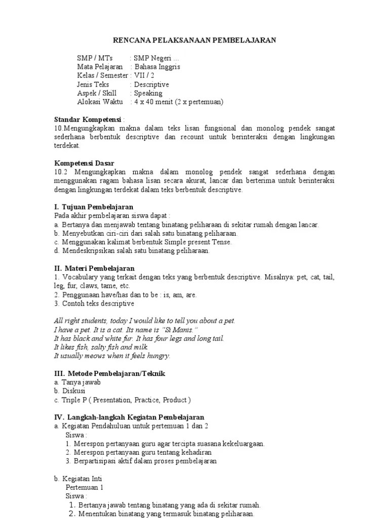 New vocabulary from the text . Rpp Descriptive Kls 7 Speaking Listening Reading Pdf