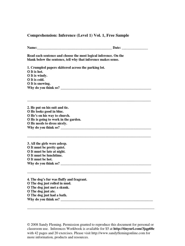 free inferences worksheet sample pdf 2