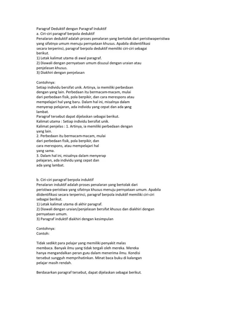 Sebuah tulisan yang mengandung pola induktif mempunyai beberapa ciri yang bisa dikenali. Ciri Paragraf Deduktif Dan Induktif Pdf