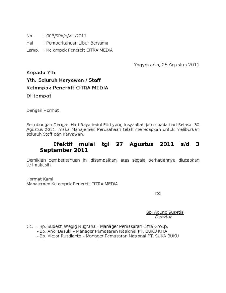 contoh surat izin keramaian surat surat pengunduran diri gambar. Surat Pemberitahuan Libur Bersama Cr Pdf