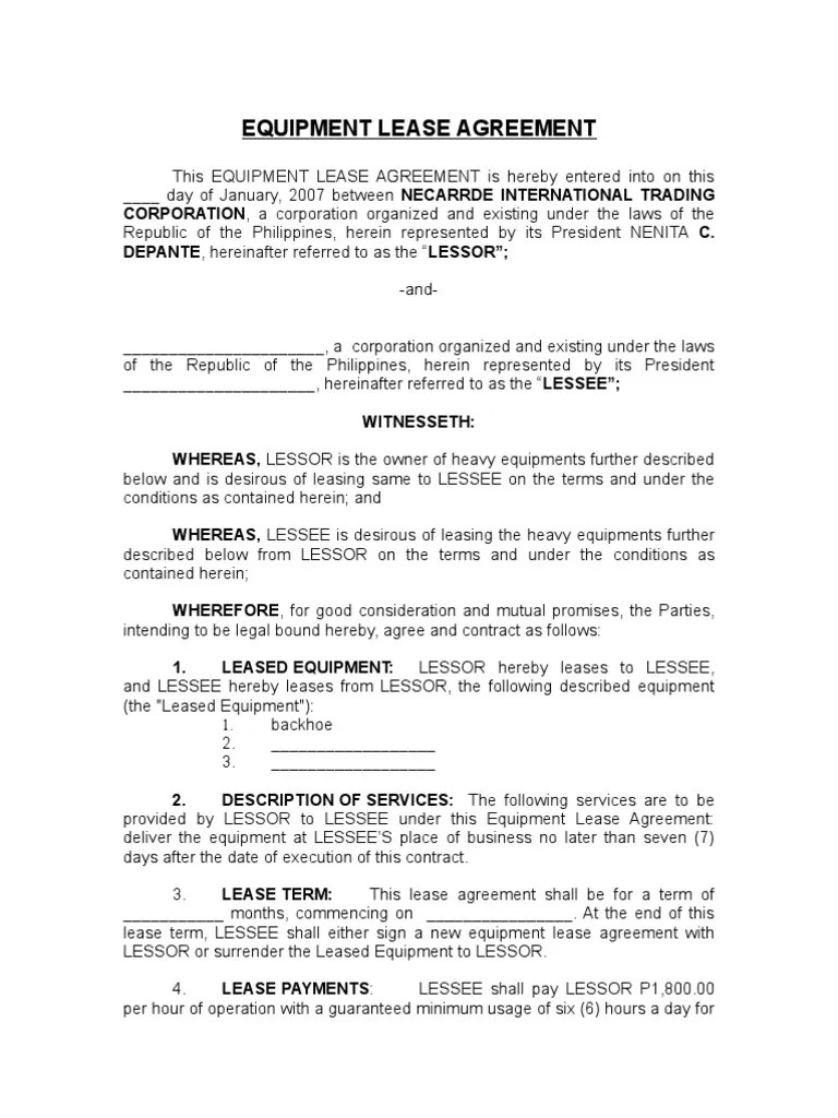 edit sample equipment lease lease indemnity