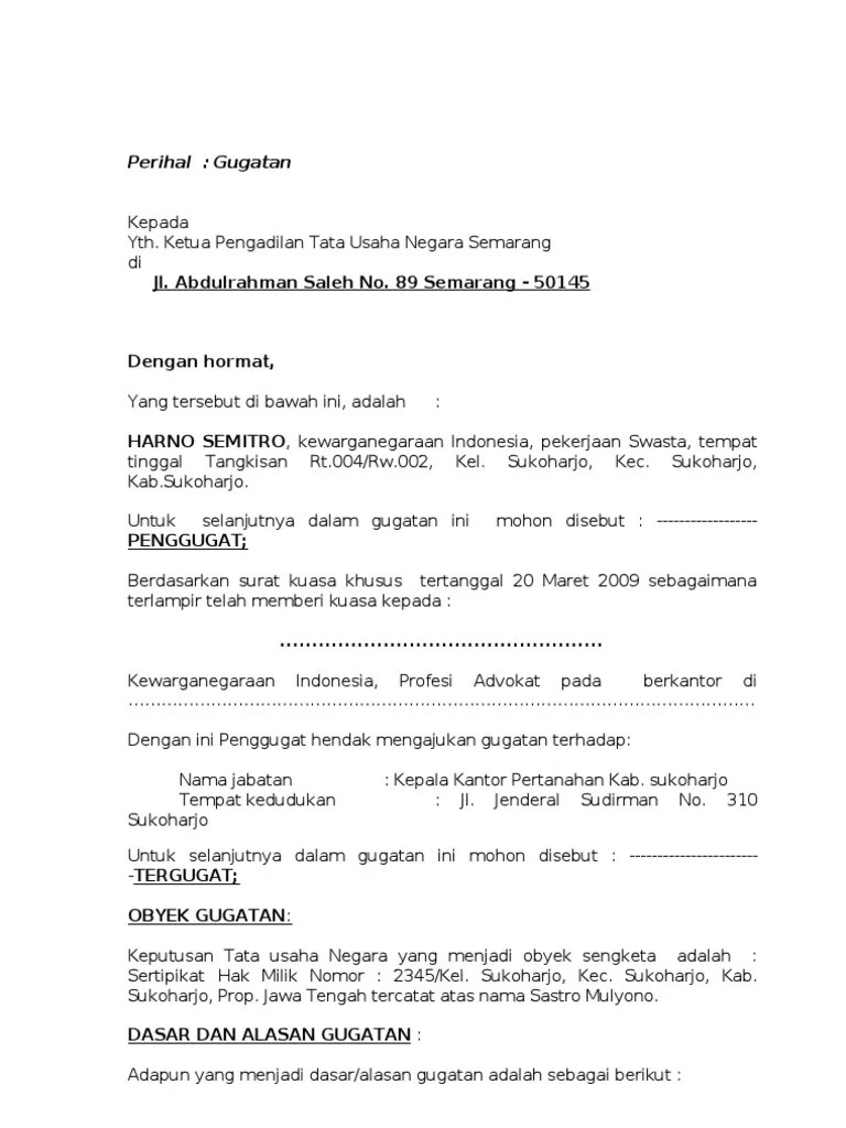 Apr 01, 2016 · contoh kasus yang diselesaikan di pengadilan umum, pengadilan agama, pengadilan militer, dan pengadilan tata usaha negara. Contoh Gugatan Tun