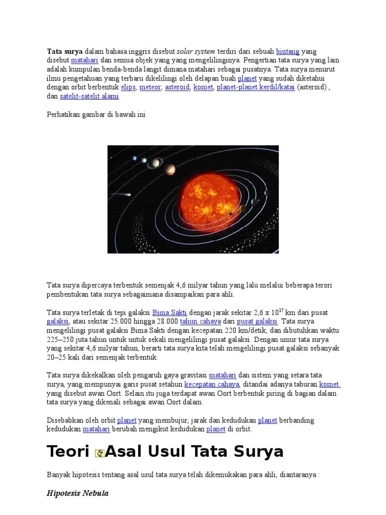 Teori Asal Usul Tata Surya: Tata Surya Dalam Bahasa Inggris Disebut Solar  System Terdiri Dari Sebuah | PDF
