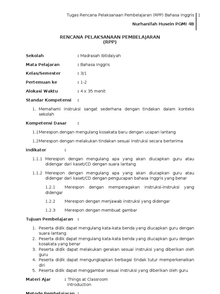 2 x 30 menit a. Rpp Bahasa Inggris Kelas 3 Mi Semester 1 Nurhanifah Husein Pgmi 4b