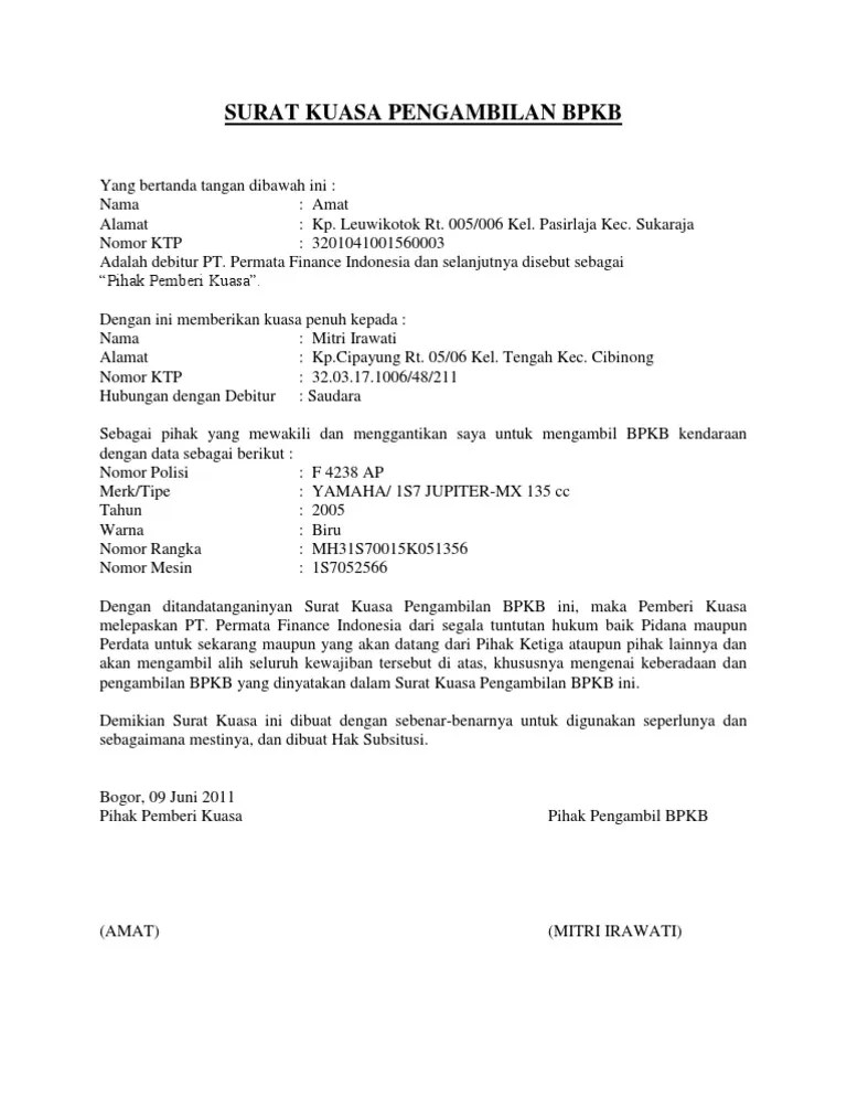 Jaminkan bpkb nya di bfi finance. Surat Kuasa Pengambilan Bpkb Pdf
