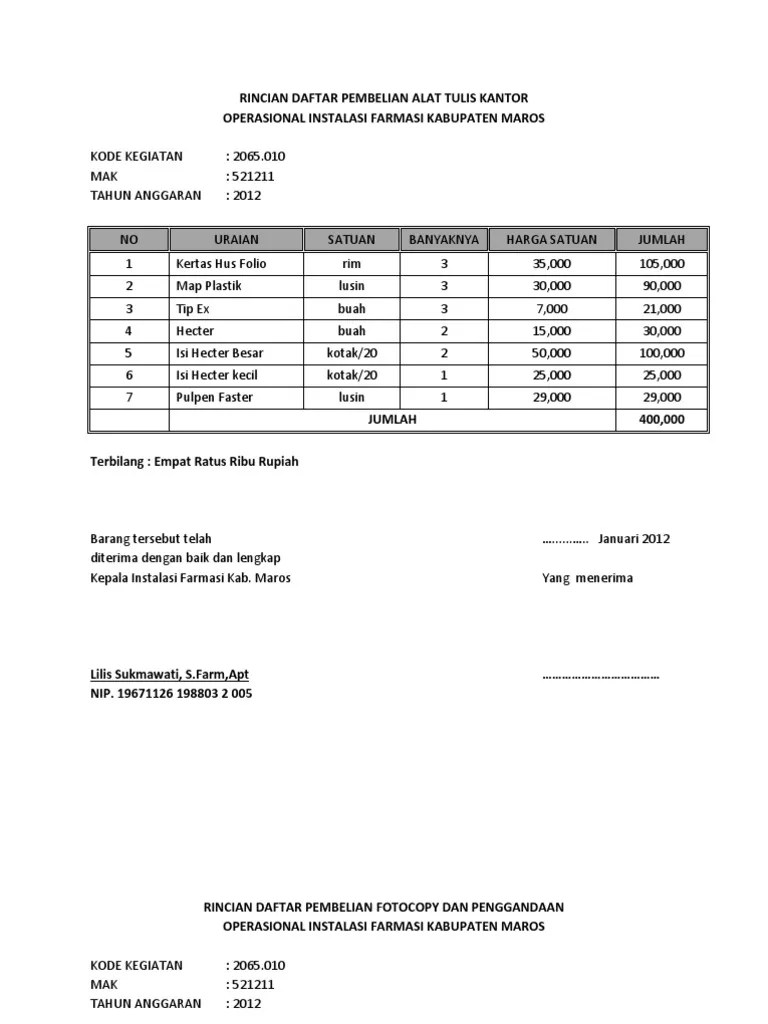 15 kumpulan contoh surat permohonan dana izin bantuan. Rincian Daftar Pembelian Alat Tulis Kantor