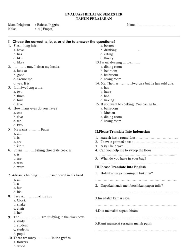 download soal bahasa bali kelas 4 semester 2.jual kirtya basa smp mts klas vii muatan lokal bahasa daerah prop. Soal Bahasa Inggris Kelas 4 Sd Pdf