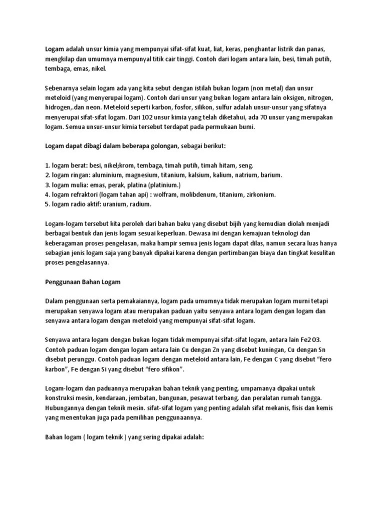 Logam Adalah Unsur Kimia Yang Mempunyai Sifat | PDF