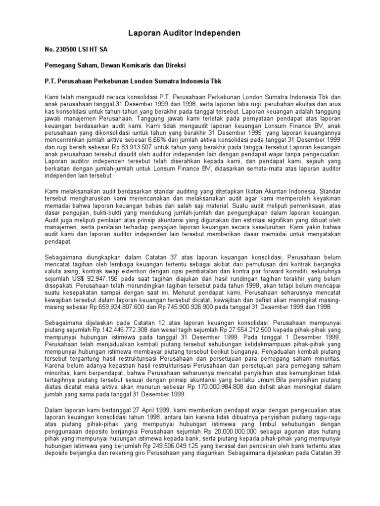 Putri madita sari 040710061 contoh laporan audit dengan pendapat wajar tanpa pengecualian (unqualifief opinion) (laporan audit baku) (a) laporanaudit . Laporan Auditor Independen Wajar Tanpa Pengecualian Dengan Paragraf Penjelas Seputar Laporan