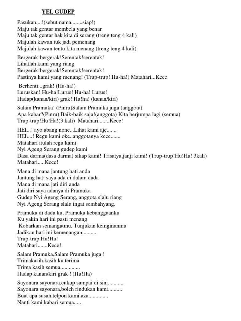 Buat kamu anak pramuka, pasti udah gak asing lagi kan bikin yel yel saat kegiatan pramuka berlangsung, misalkan saat kemah ataupun saat ada kegiatan lain. Yel Gudep Pdf