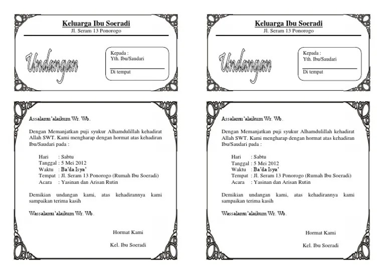 Contoh undangan tahlil / tahlilan / yasinan 3 hari. Contoh Undangan Yasinan Pdf