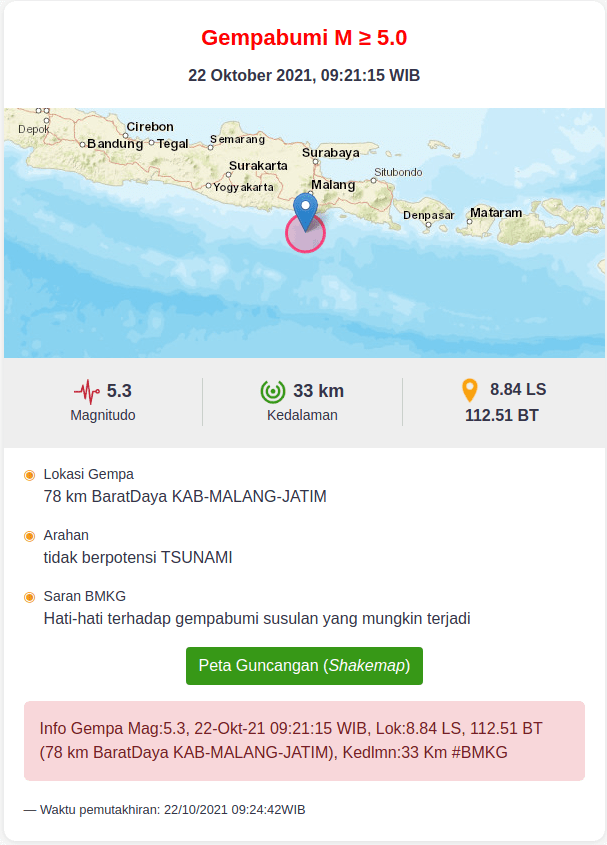110 km, 21 mei 2021 19:09:23 wib,. Info Gempa 22 Oktober 2021 Di Blitar Info Blitar