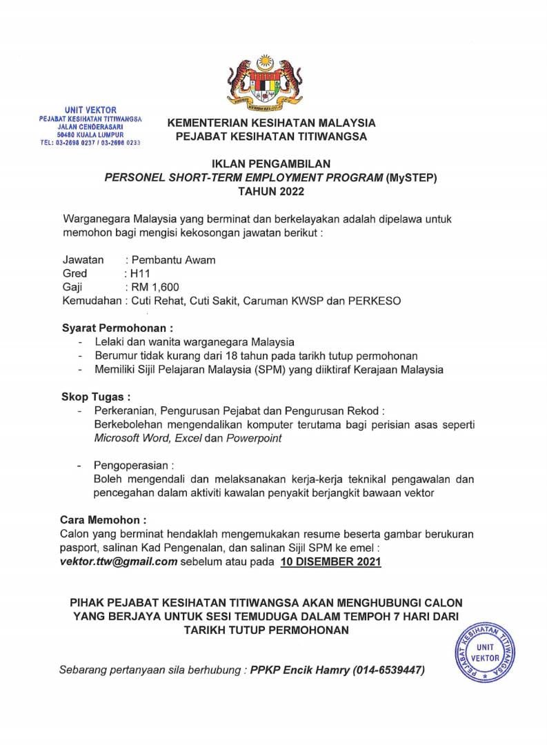 Jalan temerloh, taman tasik titiwangsa, kuala lumpur alamat poskod: Kementerian Kesihatan Malaysia Pejabat Kesihatan Titiwangsa Jawatan Kosong Terkini