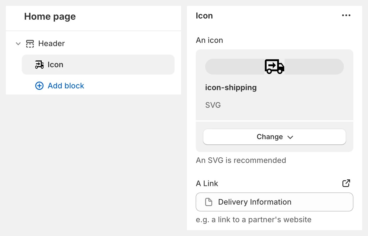 A screenshot of the Shopofy theme editor showing a custom block for adding images and links to the header section of the website.
