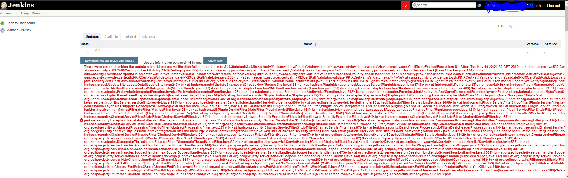 Signature check failed at com.ibm.security.cert.pkixmastercertpathvalidator.validate(pkixm astercertpathvalidator.java:130) at . Jenkins 60719 There Were Errors Checking The Update Sites Signature Verification Failed In Update Site 039 Default 039 A Href Class Showdetails Show Details A Pre Style Display None Jenkins Jira