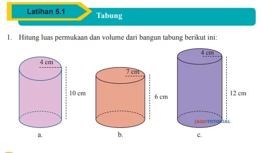 Jawaban Matematika Kelas 9 Latihan 5.1 Tabung Hal 280 - 283 Hitung Luas  Permukaan dan Volume