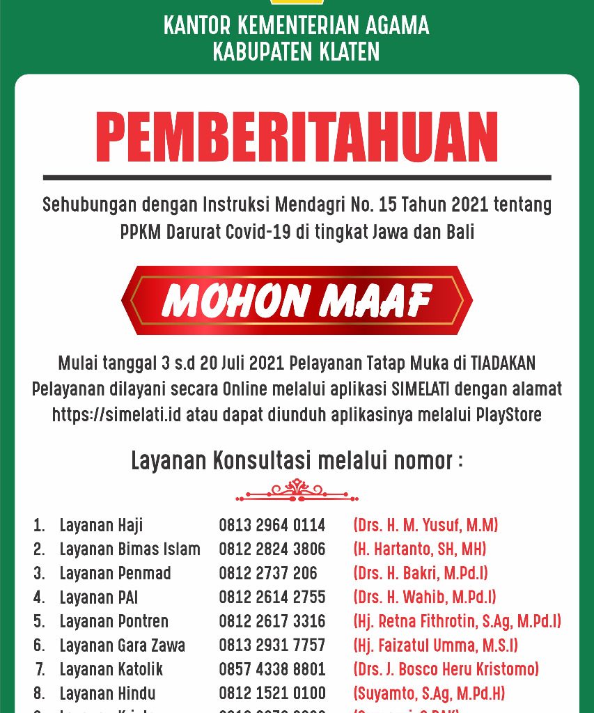 PPKM Darurat, Kemenag Klaten Tiadakan Pelayanan Tatap Muka – Kantor Wilayah  Kementerian Agama Provinsi Jawa Tengah