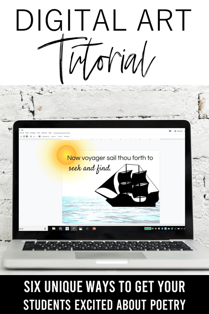 Teaching poetry in high school and middle school can be challenging, but it doesn't have to be. This quick video tutorial will walk you and your students through the process of creating digital art. You'll use Google Slides to create a free, quick, and easy digital art piece to complement a poem and make poetry fun for teens. #teachingpoetry #reading #poetry #englishteacher #elateacher