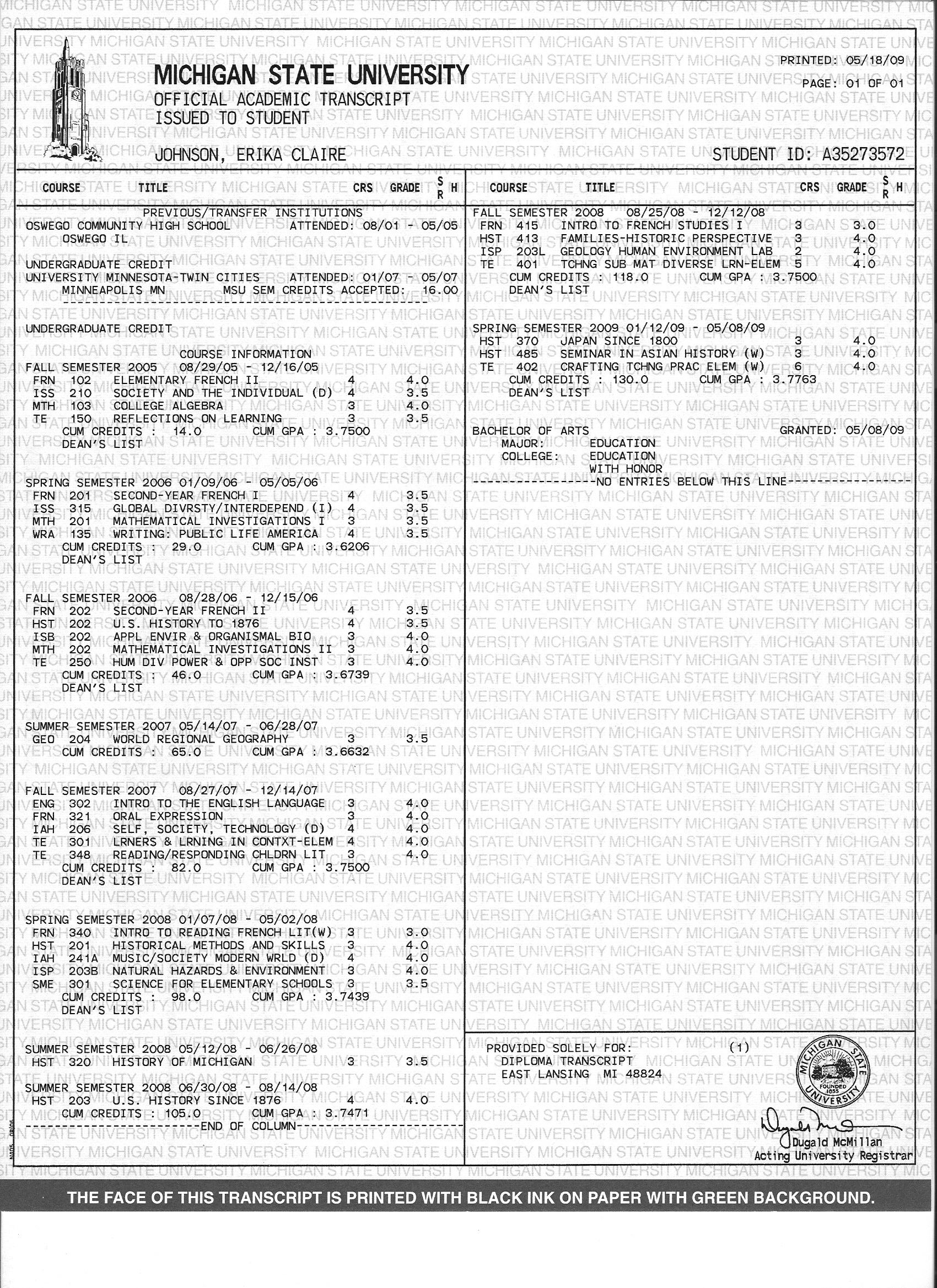 The campus photo tour begins with university hall at osu. Official University Transcripts - Erika Johnson's Teaching