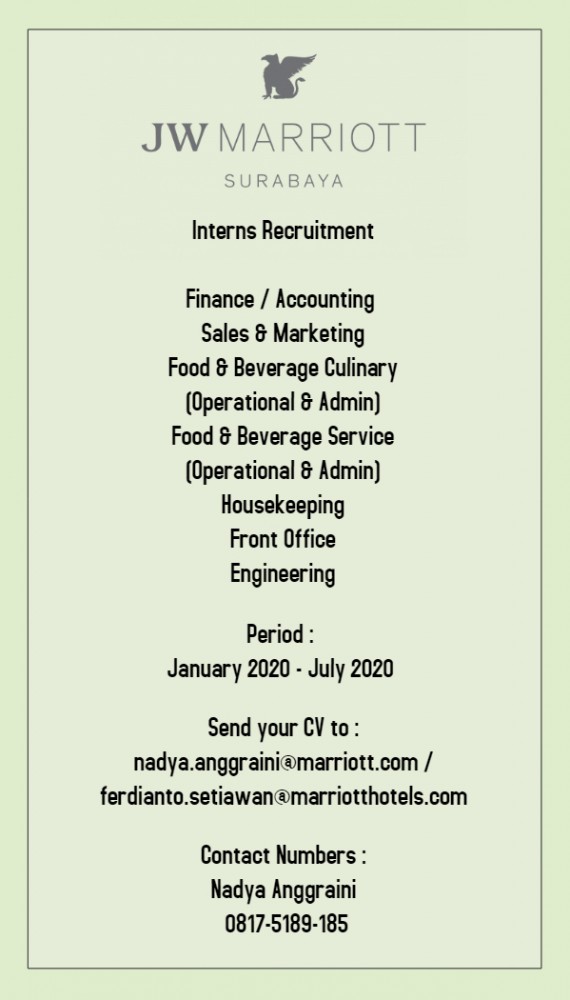 Berikut rincian lowongan kerja untuk posisi marketing admin indofood group 2020. Agenda Lowongan Jw Marriott Surabaya Job Placement Center Politeknik Negeri Banyuwangi