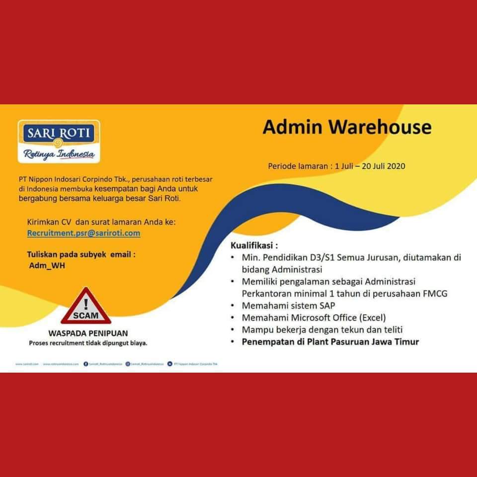 Selayar no.desa, mekarwangi · sari roti cibitung (pt nippon indosari . Agenda Lowongan Admin Warehouse Job Placement Center Politeknik Negeri Banyuwangi