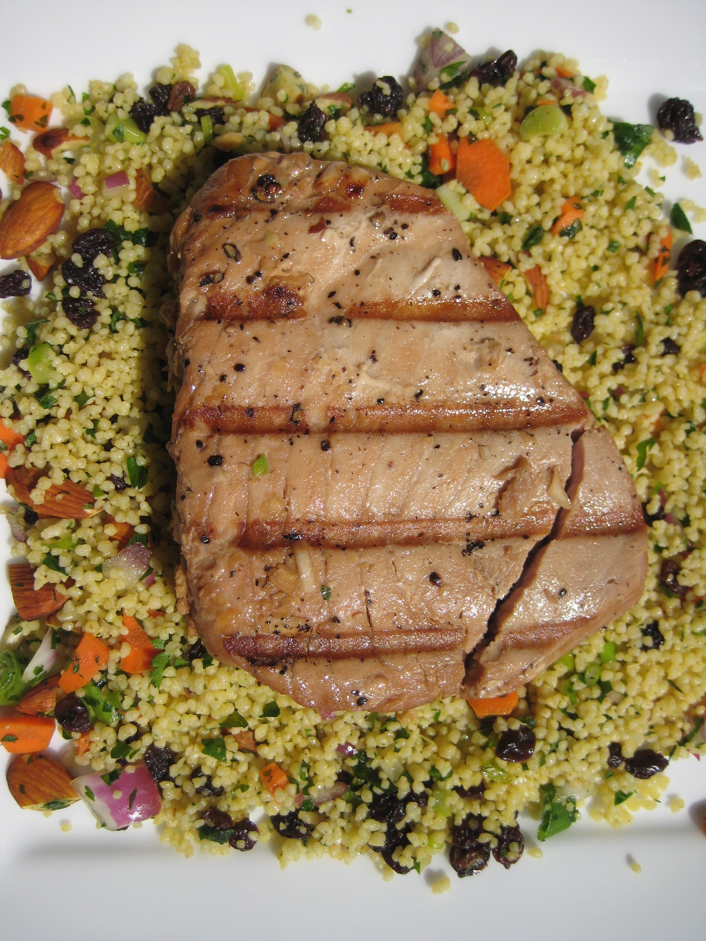 Olive oil, anchovy fillets, green onions, fresh thyme, tuna steaks and 7 more. Grilled Tuna Steaks with Curried Couscous