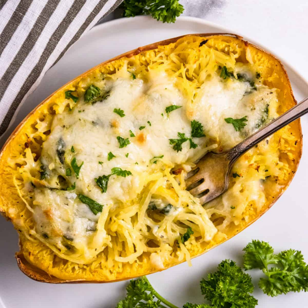 pesto spaghetti squash with a fork