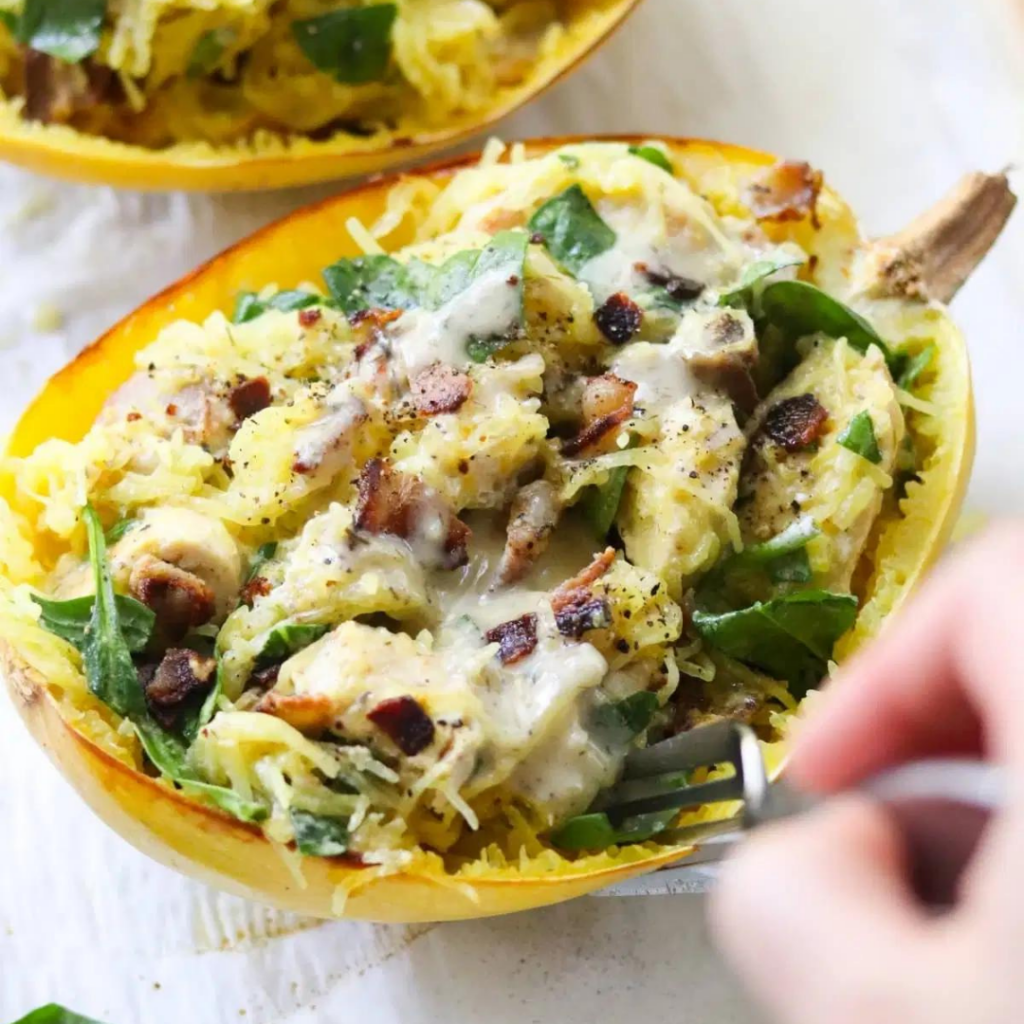 bacon ranch spaghetti squash with a fork