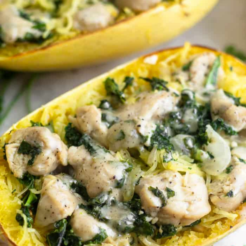 chicken caesar spaghetti squash boats