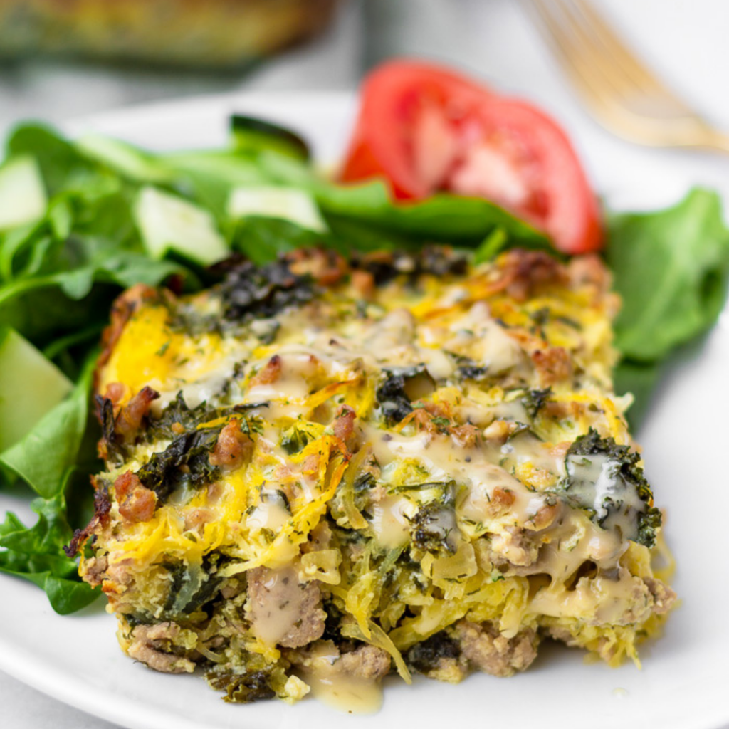 turkey spaghetti squash casserole on a white plate