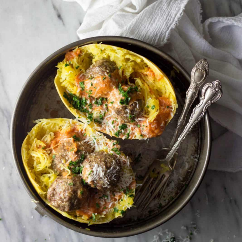 meatballs in spaghetti squash boats