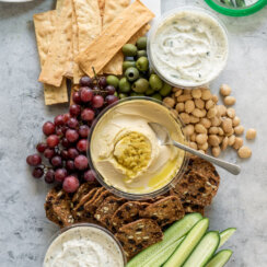 mediterranean mezze platter on a serving board